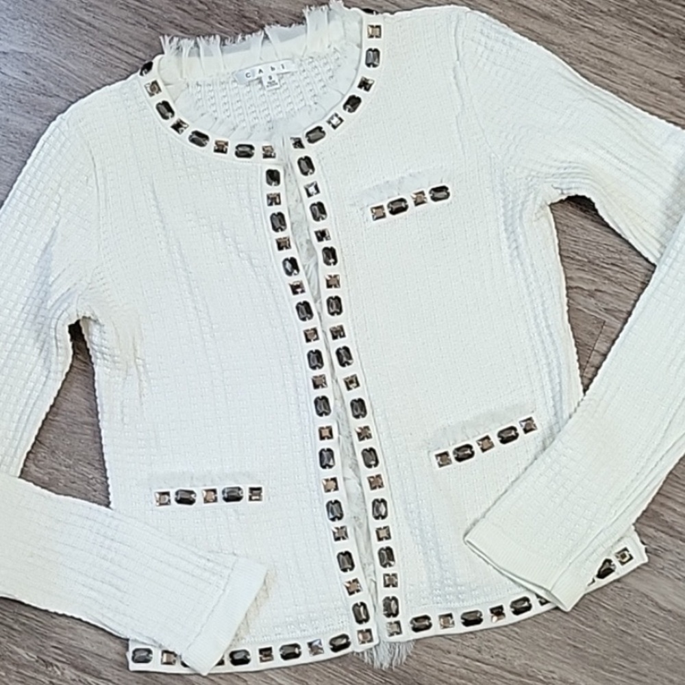 CAbi Waffle Knit❤️  Jeweled Cardigan Sweater Cotton Chiffon Trim